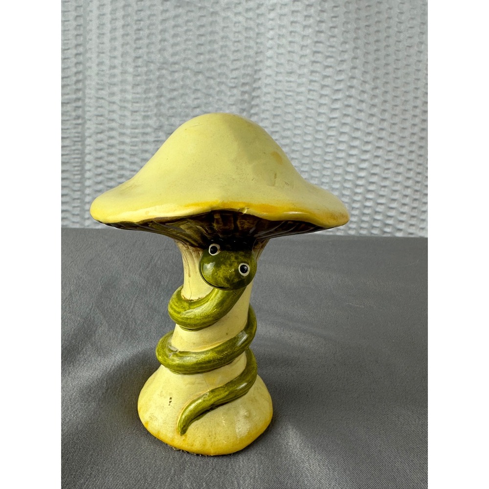 Vintage Ceramic Mushroom Figurine with Snake Wrap – 6" Retro Cottagecore Decor